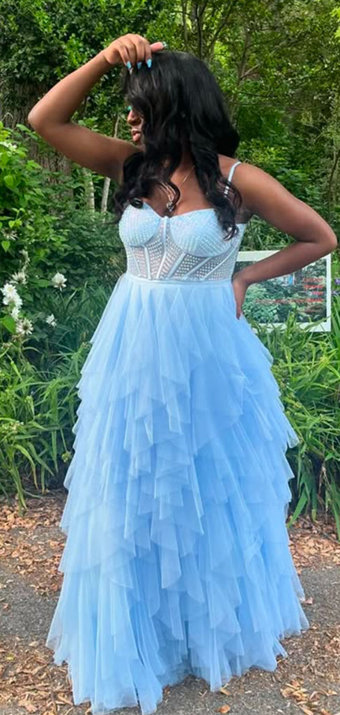 Sparkly Blue Spaghetti Straps A-line Long Formal Gown to Impress,WGP1887