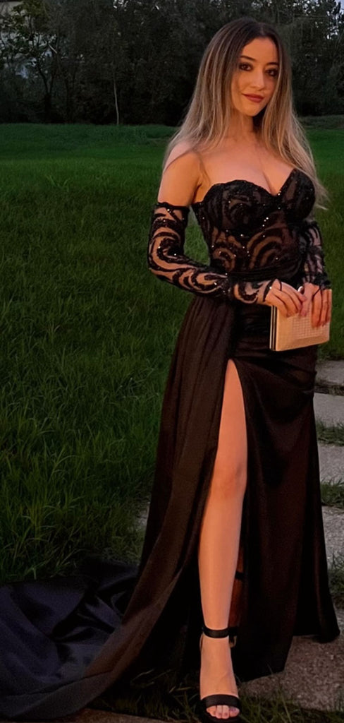 Sexy Black A-line Sweatheart Slit Long Formal Gown to Impress,WGP1835