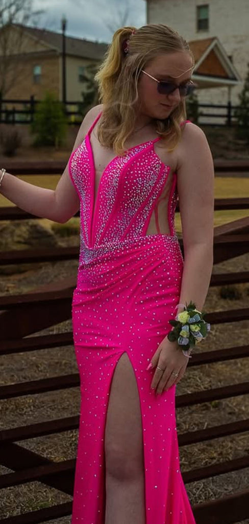 Sparkly Pink V-neck Mermaid Long Formal Gown to Impress,WGP1799