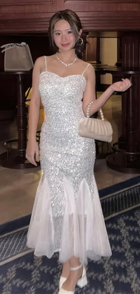 Sparkly White Spaghetti Straps Sweetheart Mermaid Long Formal Gown to Impress,WGP1784