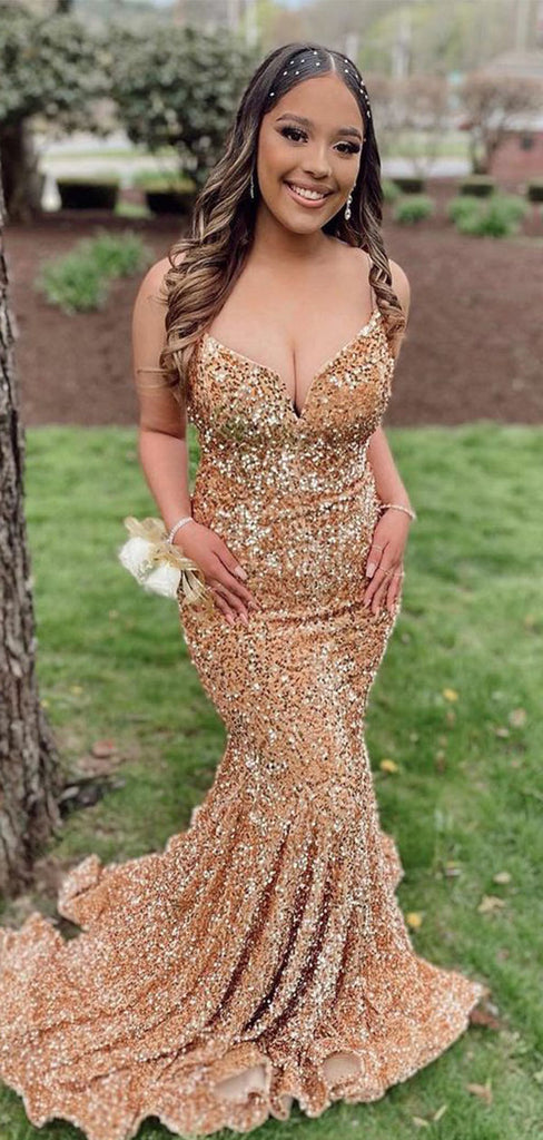 Elegant Brown Mermaid Spaghetti Straps V-neck Long Formal Gown to Impress,WGP1756
