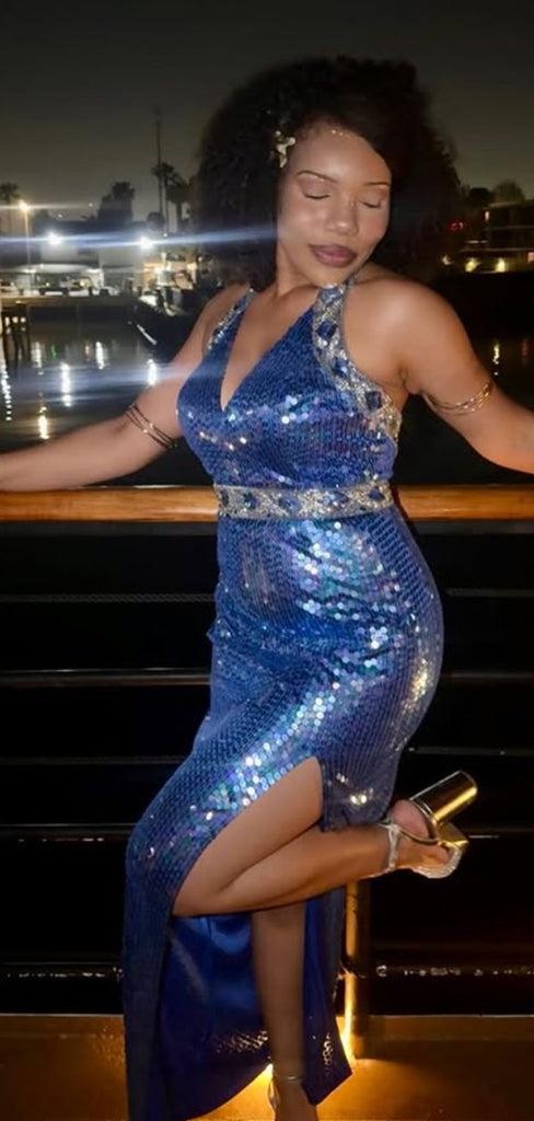 Sparkly Blue V-neck Mermaid Long Formal Gown to Impress,WGP1798