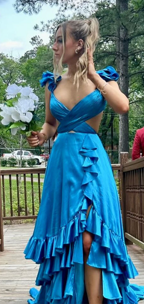 Popular Blue V-neck Slit A-line Long Formal Gown to Impress,WGP1793