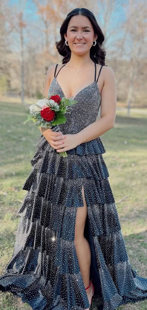 Popular Black Spaghetti Straps V-neck A-line Long Formal Gown to Impress,WGP1803