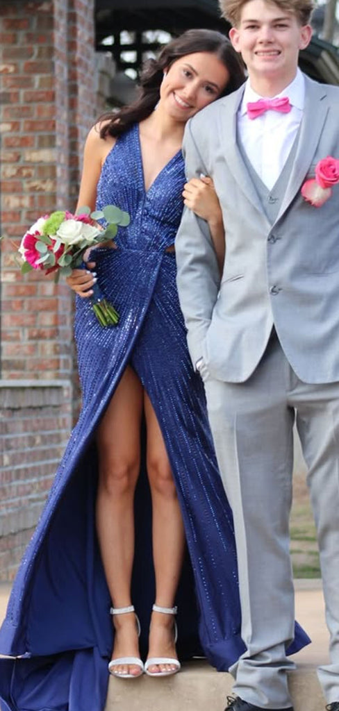 Popular Blue V-neck Slit Mermaid Long Formal Gown to Impress,WGP1792