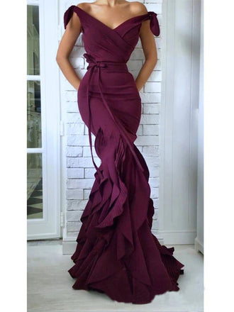 Glamorous Burgundy Off-the-Shoulder Mermaid Prom Dress - Tiered Ruffle Formal Gown, WGP286