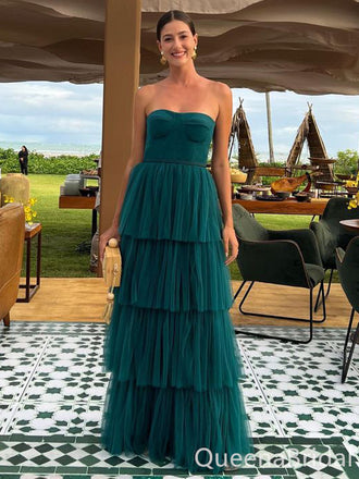 Elegant Peacock Blue Tulle Strapless Prom Dress- Tiered Layered Maxi Wedding Guest Dress, WGP296