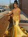 Sexy V-neck Gold Mermaid Long Formal Gown to Impress,WGP1796