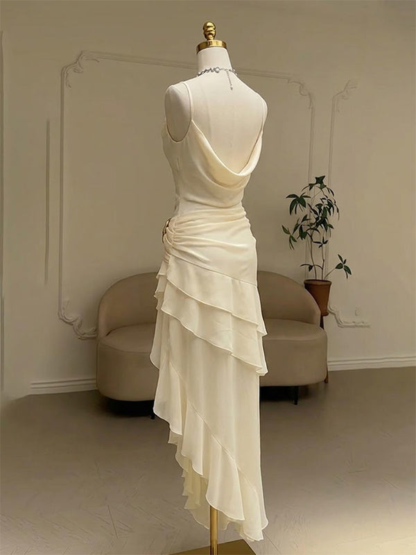Elegant Ivory Chiffon Cowl Neck Asymmetric Maxi Ruffled Evening Gown, Prom Dress, WGP2282