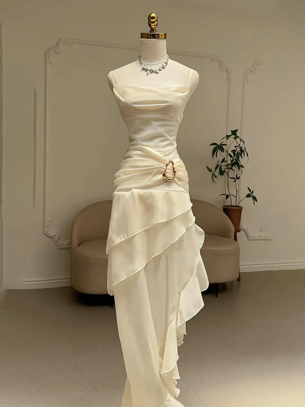Elegant Ivory Chiffon Cowl Neck Asymmetric Maxi Ruffled Evening Gown, Prom Dress, WGP2282