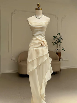 Elegant Ivory Chiffon Cowl Neck Asymmetric Maxi Ruffled Evening Gown, Prom Dress, WGP2282