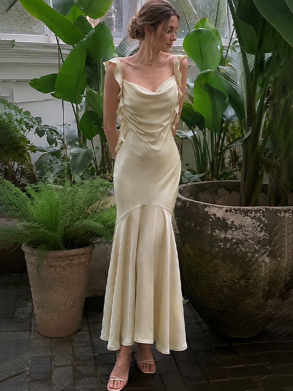 Elegant Light Champagne Spaghetti Straps Mermaid Evening Dress, Prom Dress,WGP445