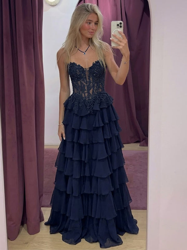 Sparkly Navy Lace Appliques Strapless A-line Ruffled Evening Gown, Prom Dress, WGP2280