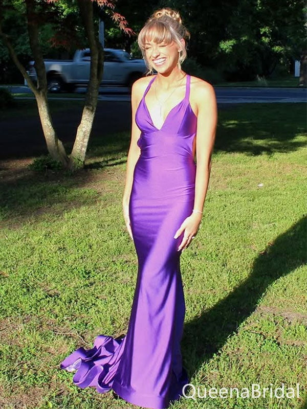 Elegant Purple Spaghetti Straps V-neck Mermaid Long Formal Gown to Impress,WGP1856