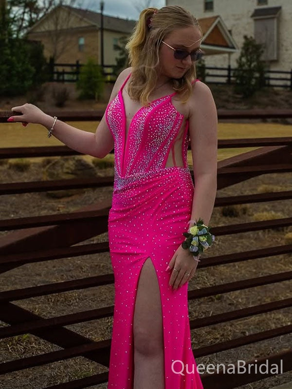 Sparkly Pink V-neck Mermaid Long Formal Gown to Impress,WGP1799