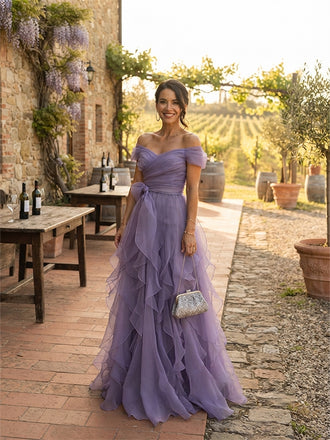 Elegant Purple Off Shouler Ruffled Tiered A-line Evening Gown, Prom Dress, WGP2298