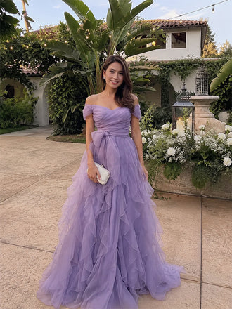 Elegant Purple Off Shouler Ruffled Tiered A-line Evening Gown, Prom Dress, WGP2298