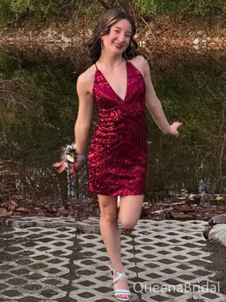 Sexy Red Spaghetti Straps V-neck Homecoming Dress Graduation Party Dress , QB0929