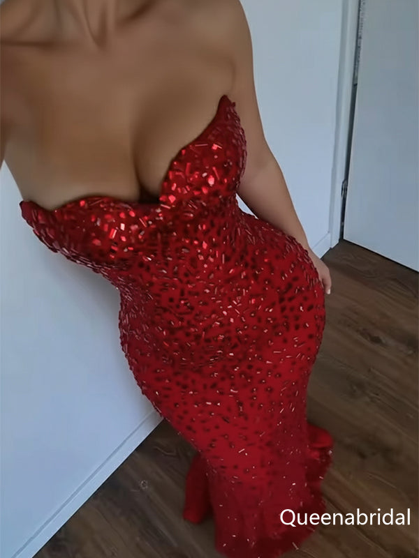 Sparkly Red Beaded Strapless Mermaid Prom Party Dress, WGP2271