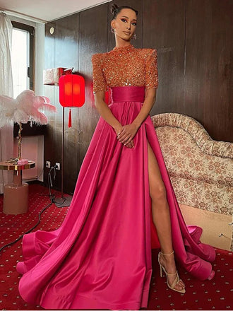 Gorgeous Fuchsia Pink Beadings A-line Side Slit  Long Evening Dress with Half Sleeves, WGP302
