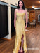 Sparkly Gold Beaded Rhinestones Mermaid Prom Dress with Slit, WGP2288