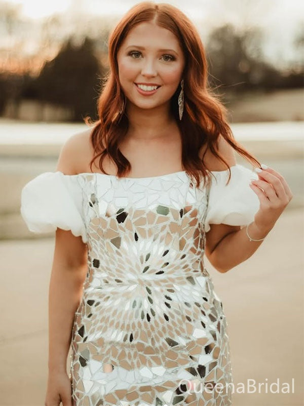 Sparkly White Off-shoulder Homecoming Dress Graduation Party Dress , QB0902