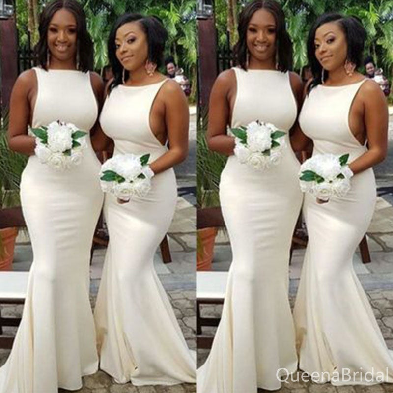 Sexy White Sabrina Mermaid Bridesmaid Dresses for Wedding Party, BDS0247
