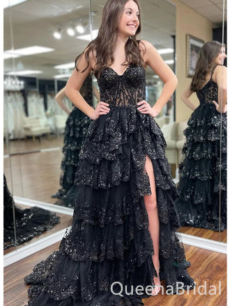 Sparkly Black Sequins A-line Prom Dress - Tiered Ruffles Gown with High Slit, WGP413