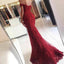 Mermaid Off the Shoulder Burgundy Tulle Prom Dresses with Appliques Beading, QB0231