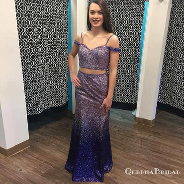 Two Piece Spaghetti Straps Long Ombre Purple Sequined Prom Dresses, QB0547