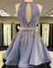 Grey Two Pieces Hatler Beaded Cheap Short Homecoming Dresses 2018, CM555