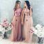 Sequin Bodice Tulle Skirt Cheap Long Bridesmaid Dresses With Sleeves, WG218