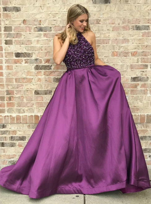 Halter Beaded Bodice Purple Satin Long Cheap Prom Dresses, QB0718