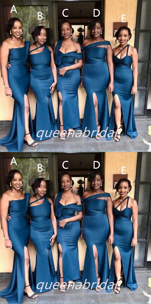 Mismatched Blue Mermaid Side Slit Maxi Long Bridesmaid Dresses, BDS0139