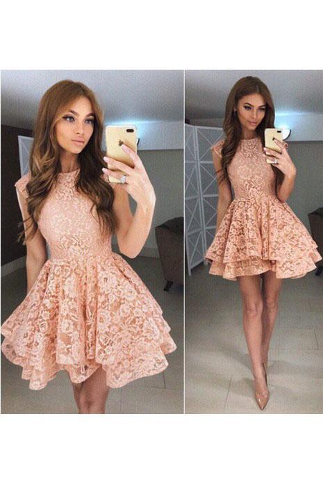 High Neck Peach Lace Cute Short Homecoming Dresses 2018, CM559