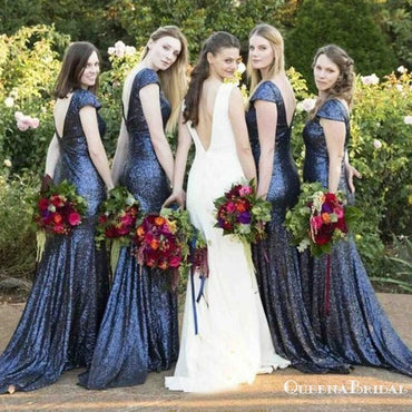 Mermaid Round Neck Backless Dark Blue Sequined Bridesmaid Dresses, QB0802