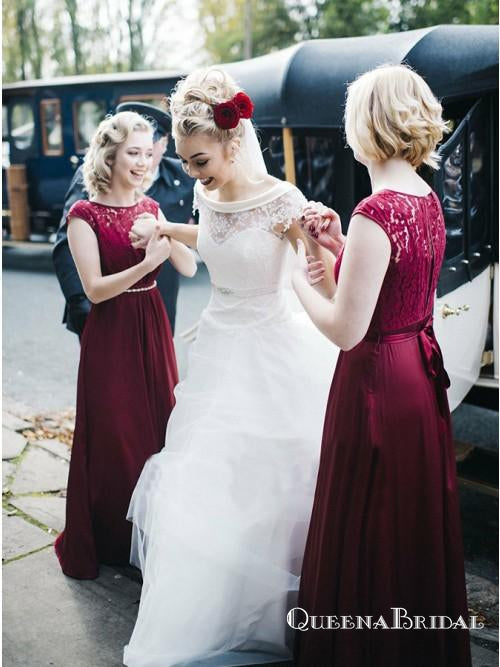 A-line Jewel Burgundy Cap Sleeves Bridesmaid Dresses Appliques Beading, QB0644