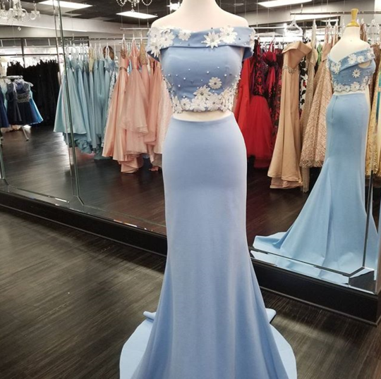 Sexy Off Shoulder Two Pieces Blue Long Cheap Evening Prom Dresses, QB0416