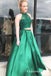 A-Line Green Satin Two Piece Halter Long Prom Dresses, QB0719