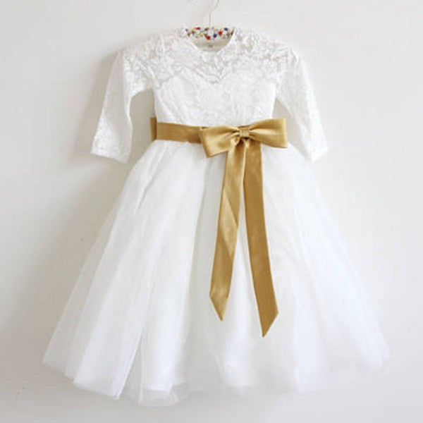 Cute A-Line Open Back Long Sleeves Tulle Long Cheap Flower Girl Dresses with Bow Knot, QB0100