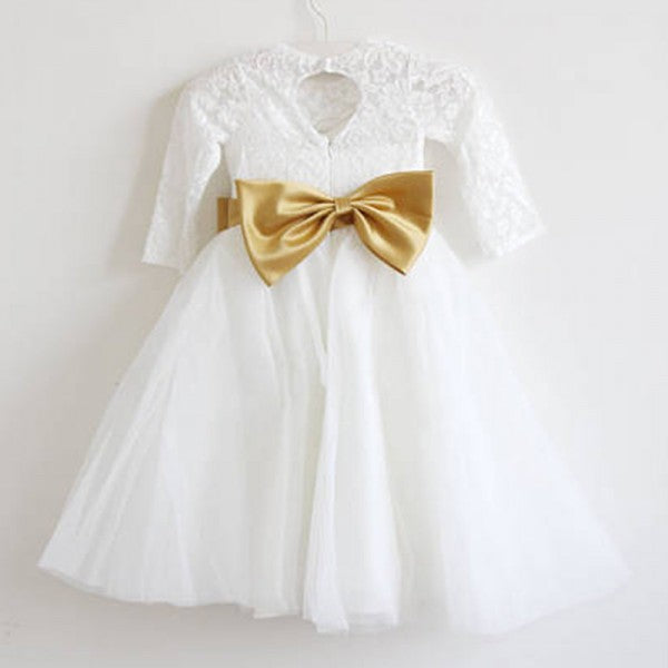 Cute A-Line Open Back Long Sleeves Tulle Long Cheap Flower Girl Dresses with Bow Knot, QB0100