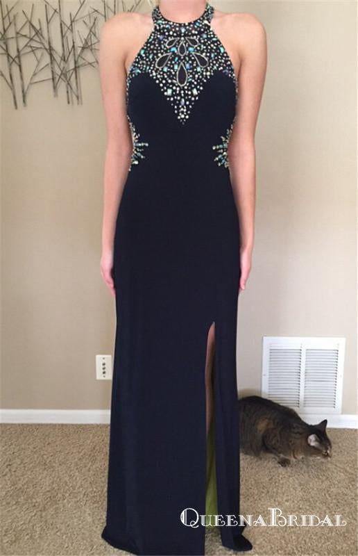 Black Halter Long Cheap  Beaded Prom Dresses With Side Slit, QB0657