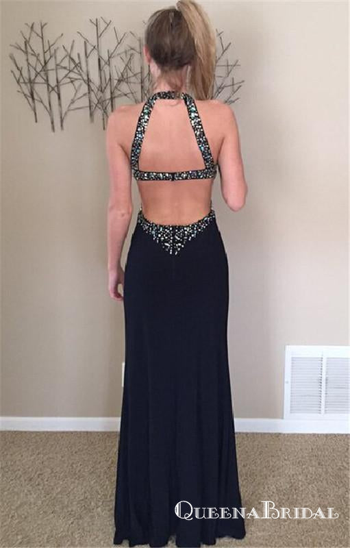 Black Halter Long Cheap  Beaded Prom Dresses With Side Slit, QB0657
