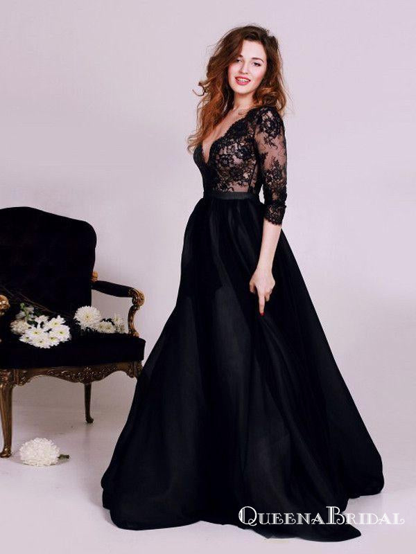 Honorable Black Deep V-neck 3/4 Sleeves Long Cheap Prom Dresses with Lace, QB0572