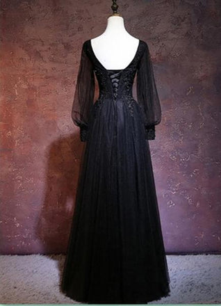 Elegant Black Tulle A-Line Prom Dress with Long Puff Sleeves-Gothic Lace Appliques Formal Dress, QB0754