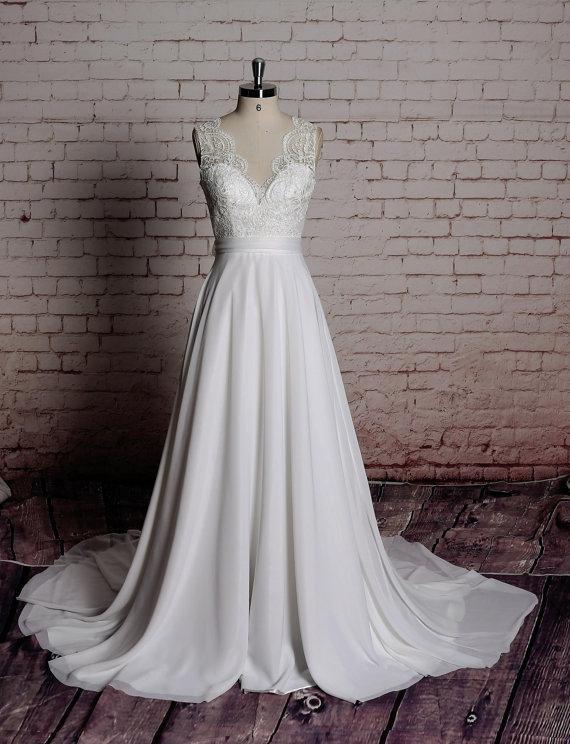 Lace Back Bow V Neck Cheap Beach Wedding Dresses Online, WD383