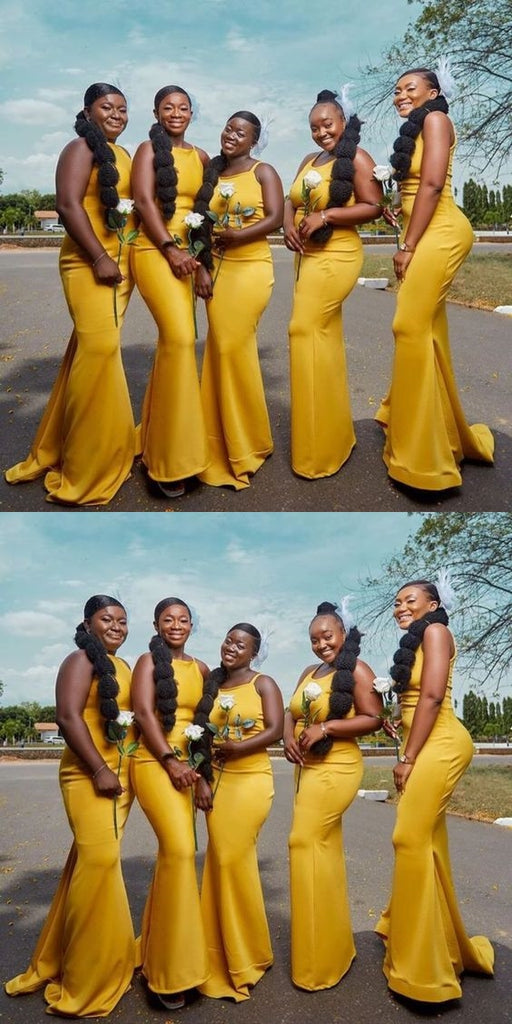 Simple Yellow Mermaid Spaghetti Straps Cheap Maxi Long Bridesmaid Dresses, BDS0136