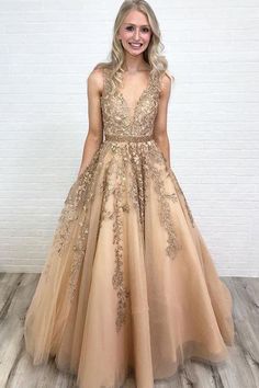 Ball Gown V Neck Open Back Gold Lace Long Prom Dresses with Beading, QB0583