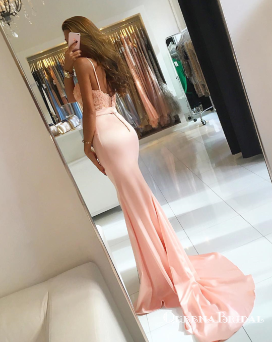 Applique Beaded Long Mermaid Spaghetti Straps Formal Prom Dresses, QB0610
