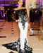 Off The Shoulder Black Appliqued Satin Mermaid Prom Dresses With Long Sleeves, QB0579